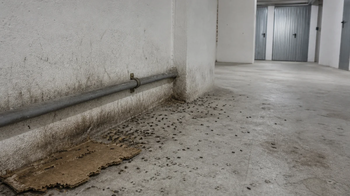 Pasillo ordenado de trasteros en un sótano con tuberías y cajas separadas de la pared